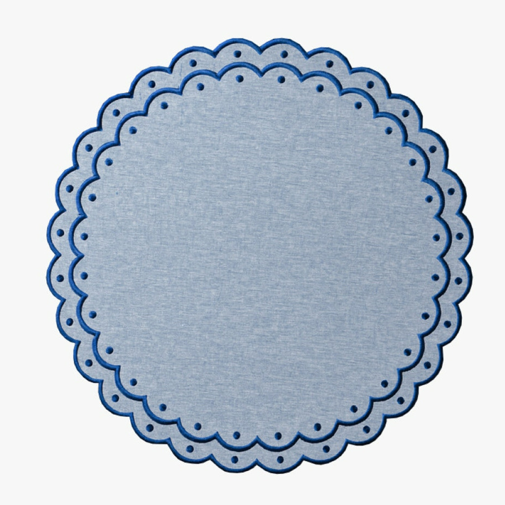 Table Two Studio Avalon Placemat Set Embroidered Chambray Linen Scalloped (4)